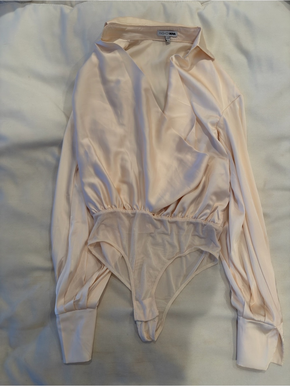 Fashion Nova Blush Satin Surplice Long-Sleeve Bodysuit